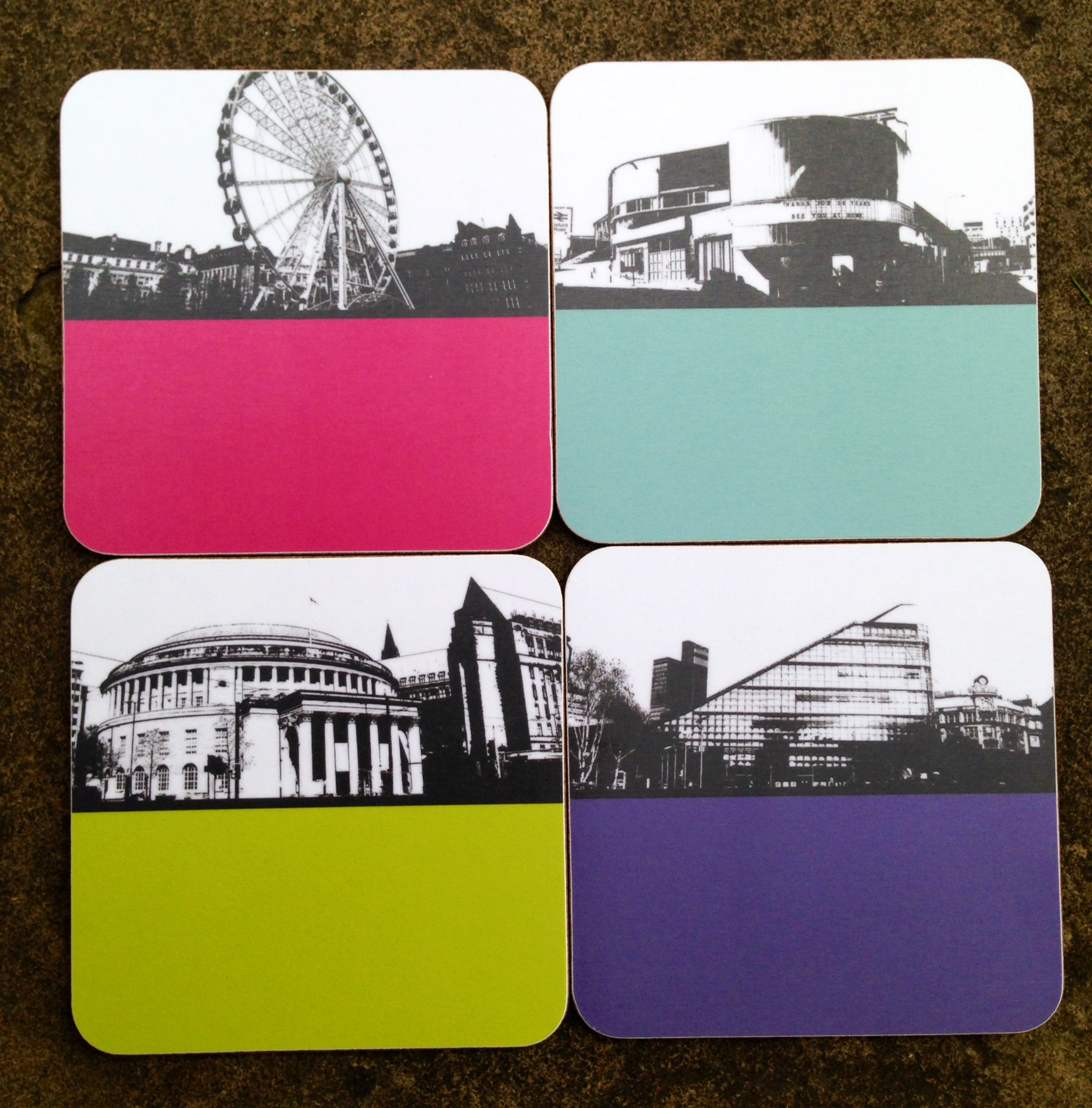 Manchester design coasters from Jacky Al-Samarraie